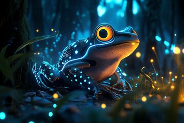 Poster - A futuristic frog with neon colors glowing in a high-tech jungle, where plants and creatures are bioluminescent and the forest is filled with advanced technology.