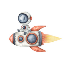 space watercolor hand-drawn illustration with little astronaut, sits on a flying rocket. cute cartoo
