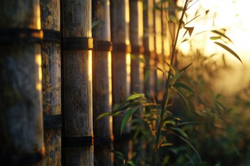 Poster - A bamboo fence with the sun setting behind it, ideal for use in landscape or nature-themed projects