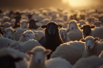 Poster - A group of sheep standing close to each other in a field, possibly preparing for rest or grazing