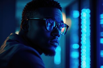 Poster - A person sitting in a dimly lit space with glasses on, possibly studying or reading