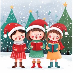 Wall Mural - Kawaii Christmas Carolers Singing in the Snow