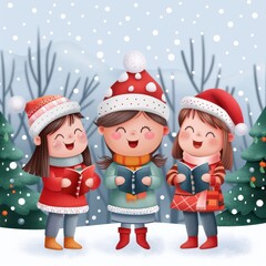 Wall Mural - Joyful Kawaii Carolers Singing in Winter Wonderland