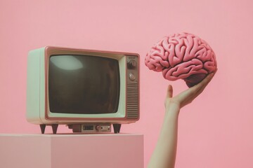 Poster - A person holds a brain model in front of a television, suitable for educational or scientific context