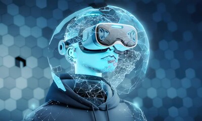 Poster -  Immersed in virtual reality  head transformed by technology 