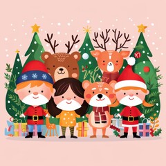 Wall Mural - Merry Christmas Banner with Cute Characters and Trees