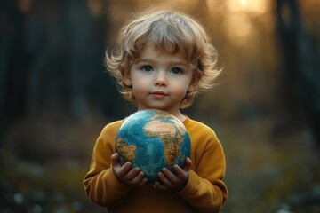 Canvas Print - A young child holding a globe, suitable for education and travel concepts