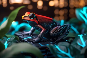 Poster - A futuristic frog with neon colors glowing in a high-tech jungle, where plants and creatures are bioluminescent and the forest is filled with advanced technology.