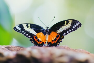 Poster - A small orange and black butterfly perched on a rocky surface, its delicate wings folded in place