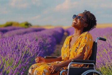 Canvas Print - A woman sits in her wheelchair surrounded by beautiful lavender flowers