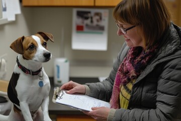 Aufkleber - A woman holds a clipboard while sitting next to a dog