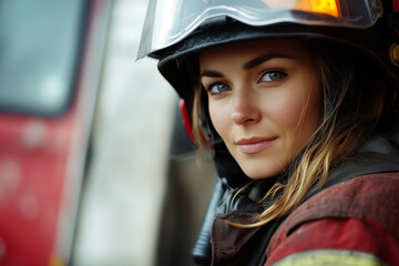 Wall Mural - Female firefighter standing in front of fire truck.