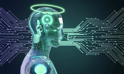 Poster - A futuristic AI robot with a halo  representing the potential for AI to improve humanity.
