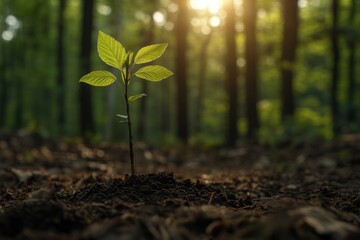 Wall Mural - A small green sprout grows in the forest on brown soil nature sunlight leaves.