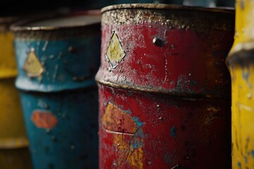 Poster - Close-up shot of stacked metal barrels