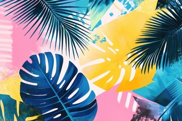 Wall Mural - Colorful tropical plants and palm leaves illustration