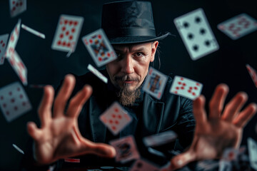 A magician with cards flying around him.