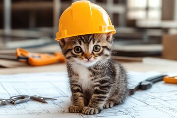 Aufkleber - A curious kitten sits on top of a blueprint, wearing a miniature hard hat