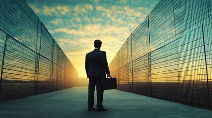 A silhouette of a businessman standing at a fence during sunset, symbolizing opportunities and challenges in the corporate world.