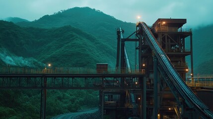 Poster - A train travels down a winding track near a mountain