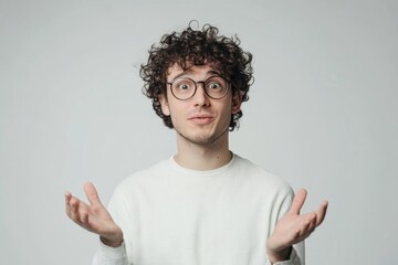 Poster - A person with curly hair and glasses making a facial expression, suitable for use in editorial or educational content
