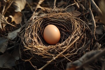 Poster - A single egg lies in a bird's nest on the grassy ground, waiting to be hatched
