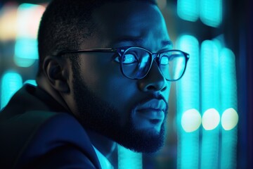 Poster - A person wearing glasses looks straight into the lens