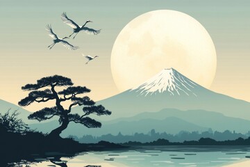 Poster - A serene mountain scene featuring birds in flight