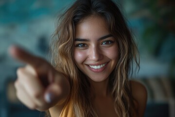 Aufkleber - A woman smiling and pointing at the camera, perfect for use in personal or commercial projects where a friendly gesture is needed