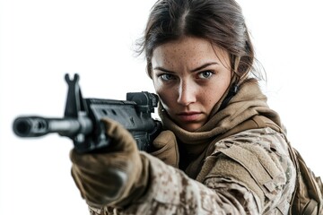 Poster - Military personnel holding firearm, woman in combat attire
