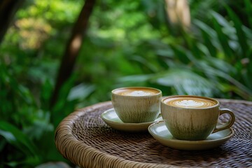 Wall Mural - Two cups of coffee sit on a rustic wicker table, perfect for a cozy morning or afternoon