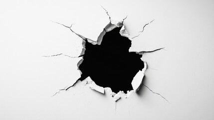 Poster - A black and white photograph of a hole in a wall, suitable for use in illustrations about damage, decay, or mystery
