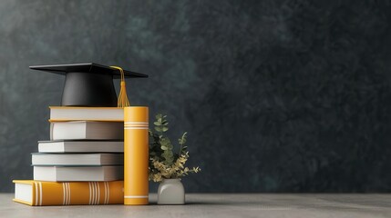 Graduation cap on stack of books with plant decoration.