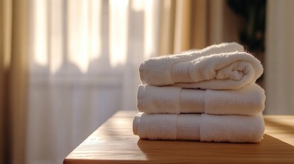Poster - A stack of folded towels resting on a wooden table, perfect for home or hospitality use