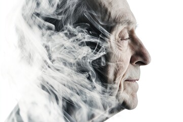 Wall Mural - A person with smoke or fog surrounding their face, ideal for use in mystery or sci-fi scenes