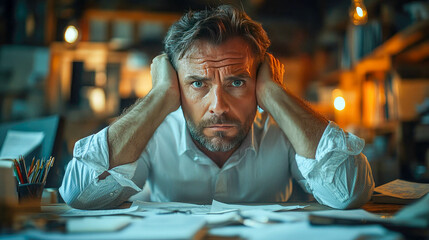 Poster - A weary man, leaning over a desk with his head in his hands, depicts the frustration and exhaustion of hard work, lit by warm ambient light