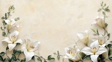 Wall Mural - A border of white lilies with green leaves on a beige background.