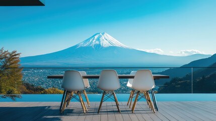 Poster - Office desks and chairs placed outdoors with breathtaking views of Mount Fuji, with plenty of copy space for design or text.