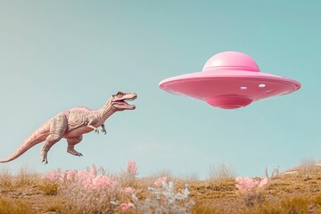 Poster - A Tyrannosaurus Rex holding a pink object in its mouth