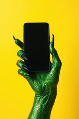 Canvas Print - A person's hand holds up a cell phone, ready for use