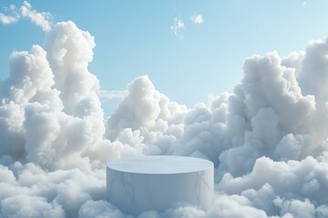 Poster - A white pedestal stands alone in a cloudy sky, ideal for use in abstract or futuristic scenes