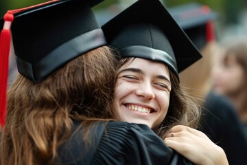 Poster - Graduation ceremony university embracing women.