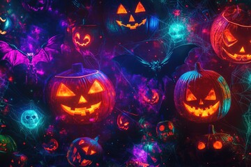 Poster - Group of jack-o'-lanterns with lit-up faces for Halloween decorations or festivities