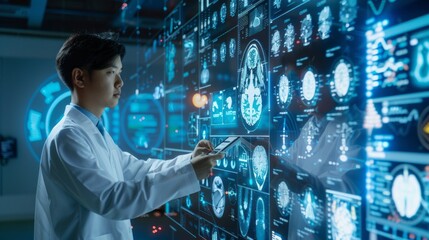 Aufkleber - A man in a white lab coat is looking at a computer screen with a lot of images o