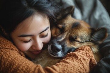 Poster - A woman cuddles with her dog on a cozy bed, perfect for family moments or pet photography