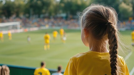 Poster - A young girl with a ponytail watching a soccer game, great for sports-themed illustrations or advertisements