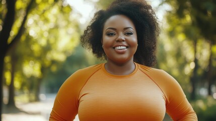 Sticker - A woman wearing an orange shirt smiling directly at the camera