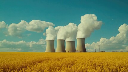 Poster - A field of bright yellow flowers with visible smoke rising from the scene, possibly indicating an industrial or agricultural setting