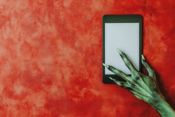 Poster - A person's hand holding a cell phone on a red surface