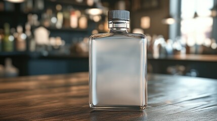 Canvas Print - A simple scene with a water bottle placed on a wooden table, perfect for use in still life photography or as a prop in product design